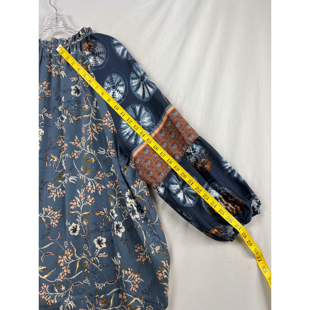Est. 1946 Blouse Womens XL Blue Floral Mixed Print Tassel Tie Dye Balloon Sleeve - Picture 8 of 9